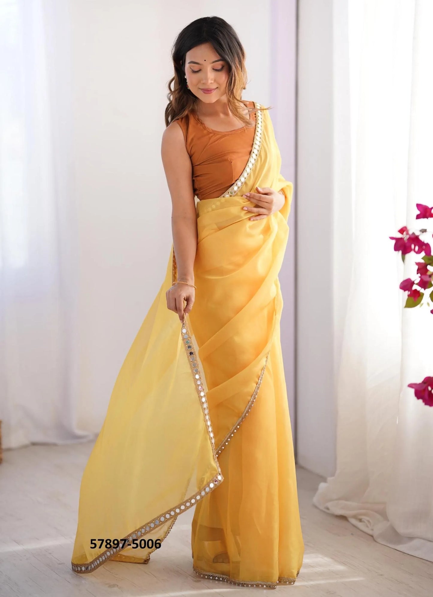 Marigold Organza Fashionable Saree For Kitty-Parties