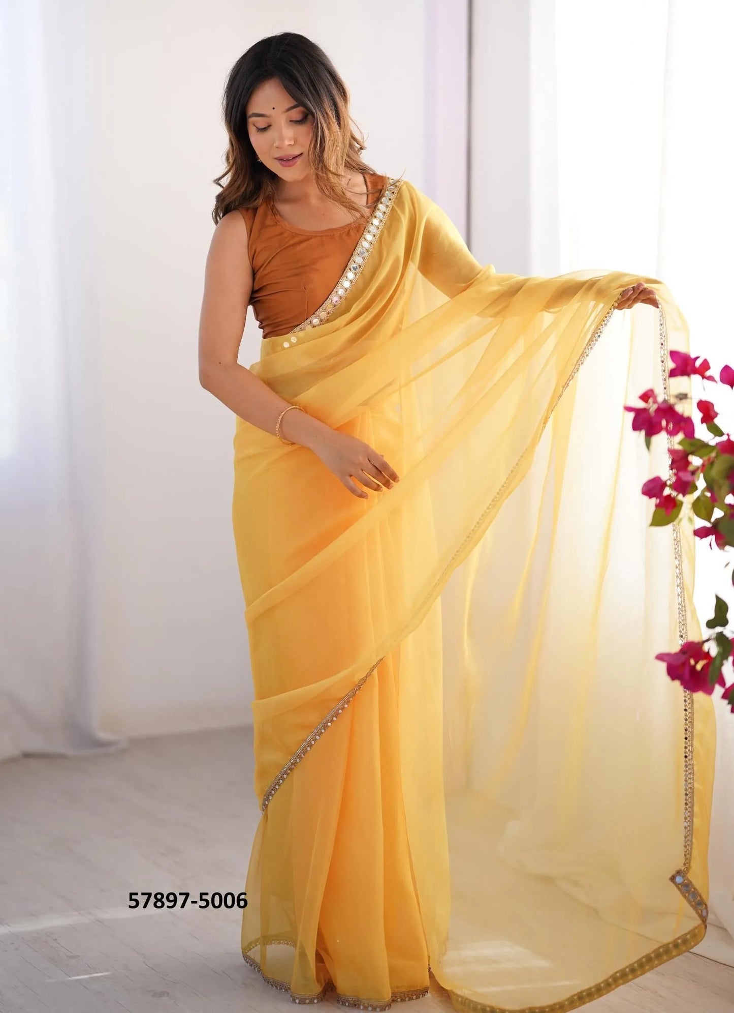 Marigold Organza Fashionable Saree For Kitty-Parties