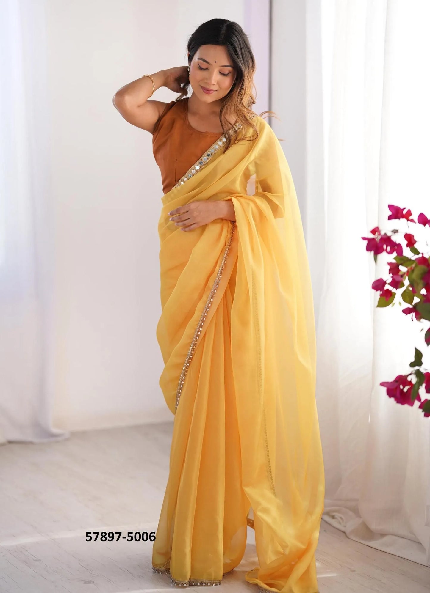Marigold Organza Fashionable Saree For Kitty-Parties