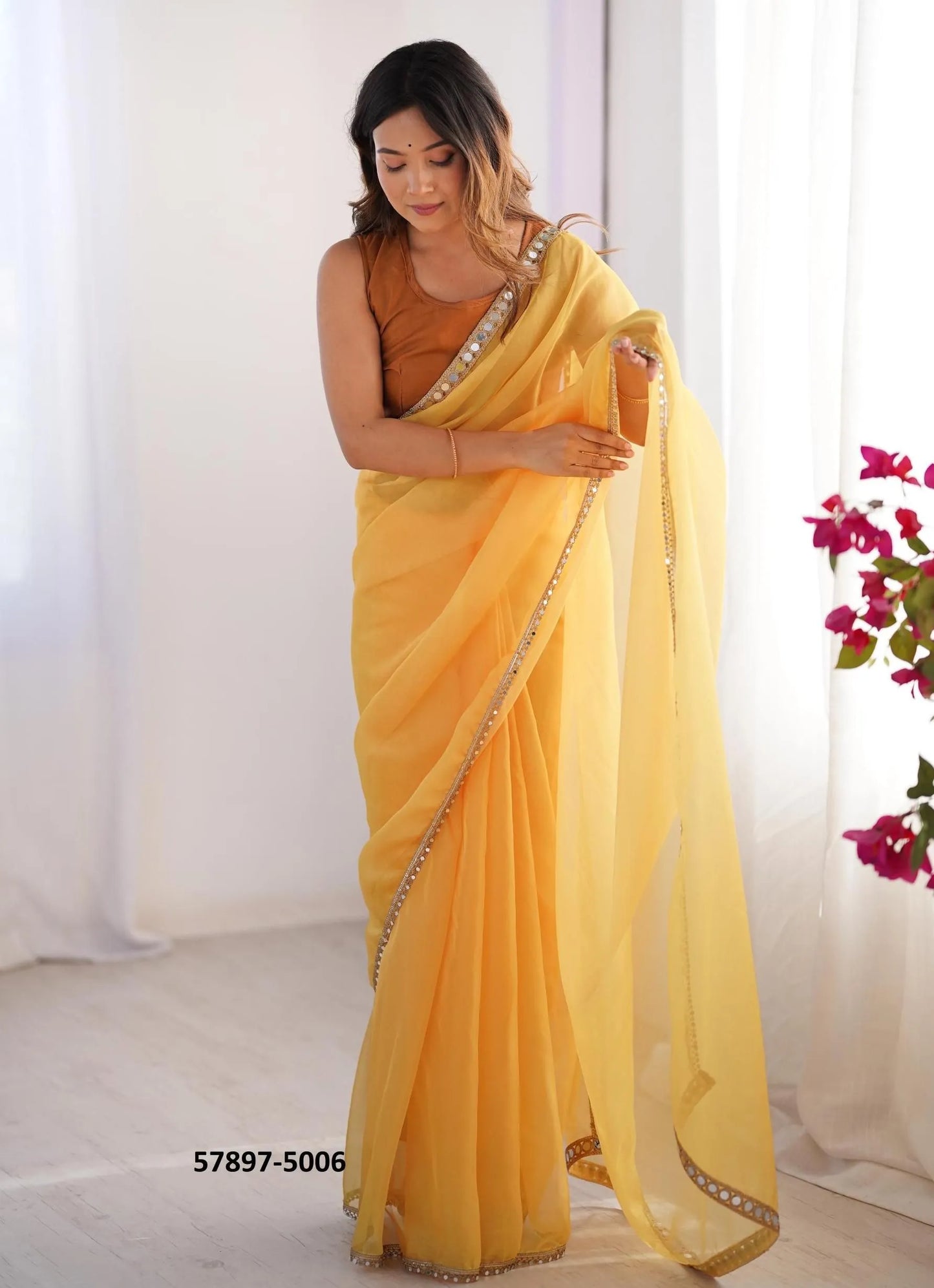 Marigold Organza Fashionable Saree For Kitty-Parties