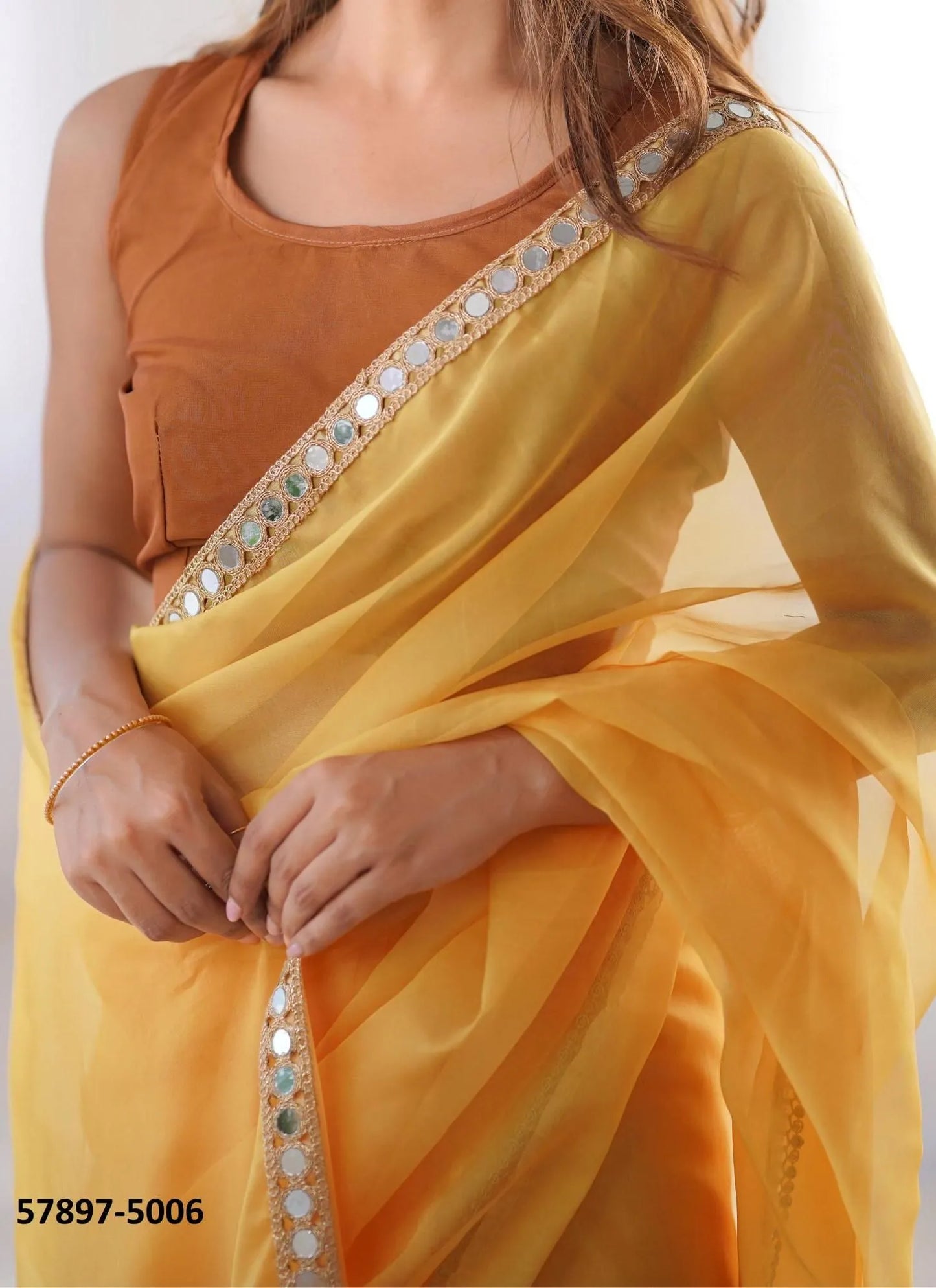 Marigold Organza Fashionable Saree For Kitty-Parties