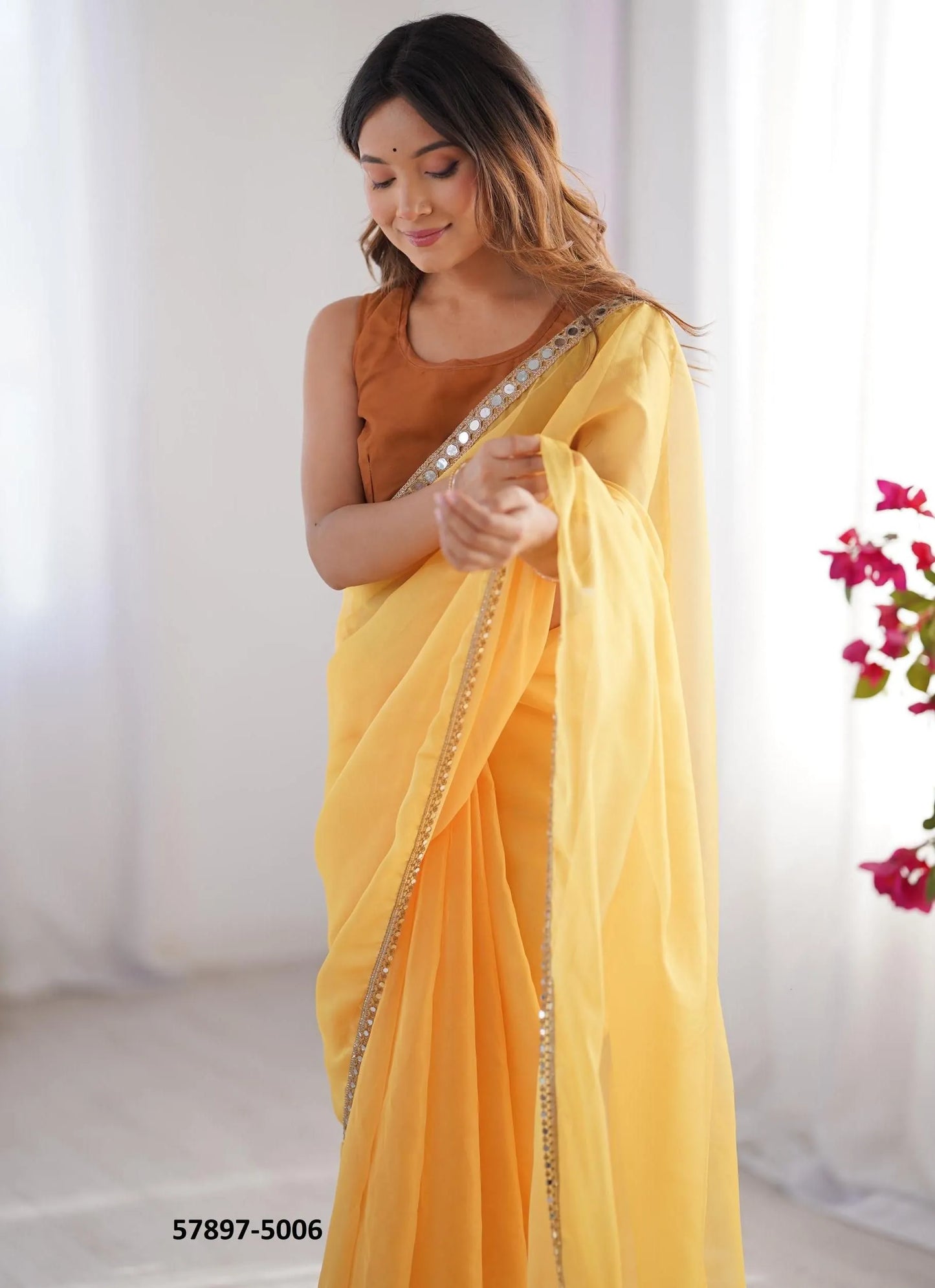 Marigold Organza Fashionable Saree For Kitty-Parties