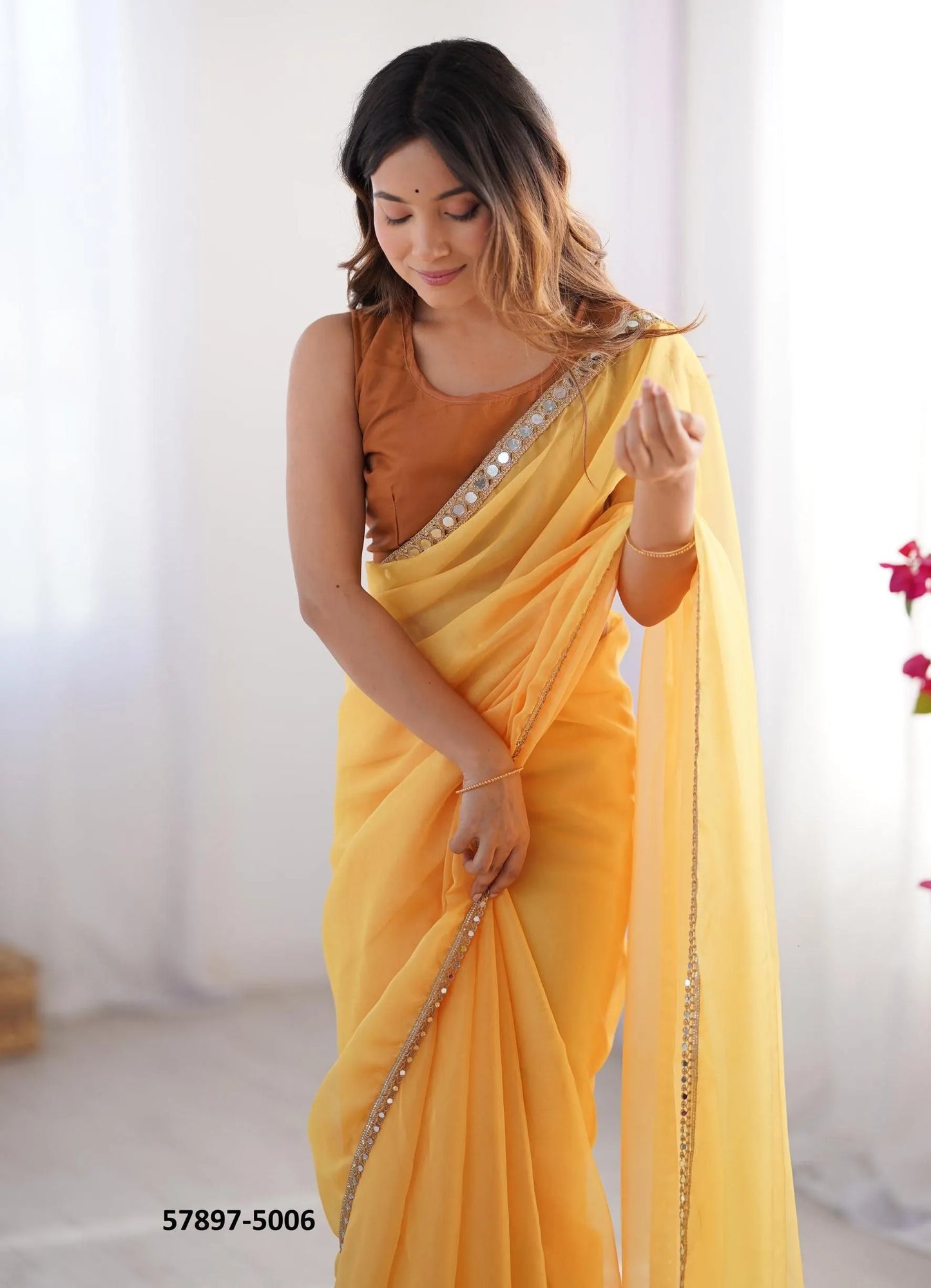 Marigold Organza Fashionable Saree For Kitty-Parties