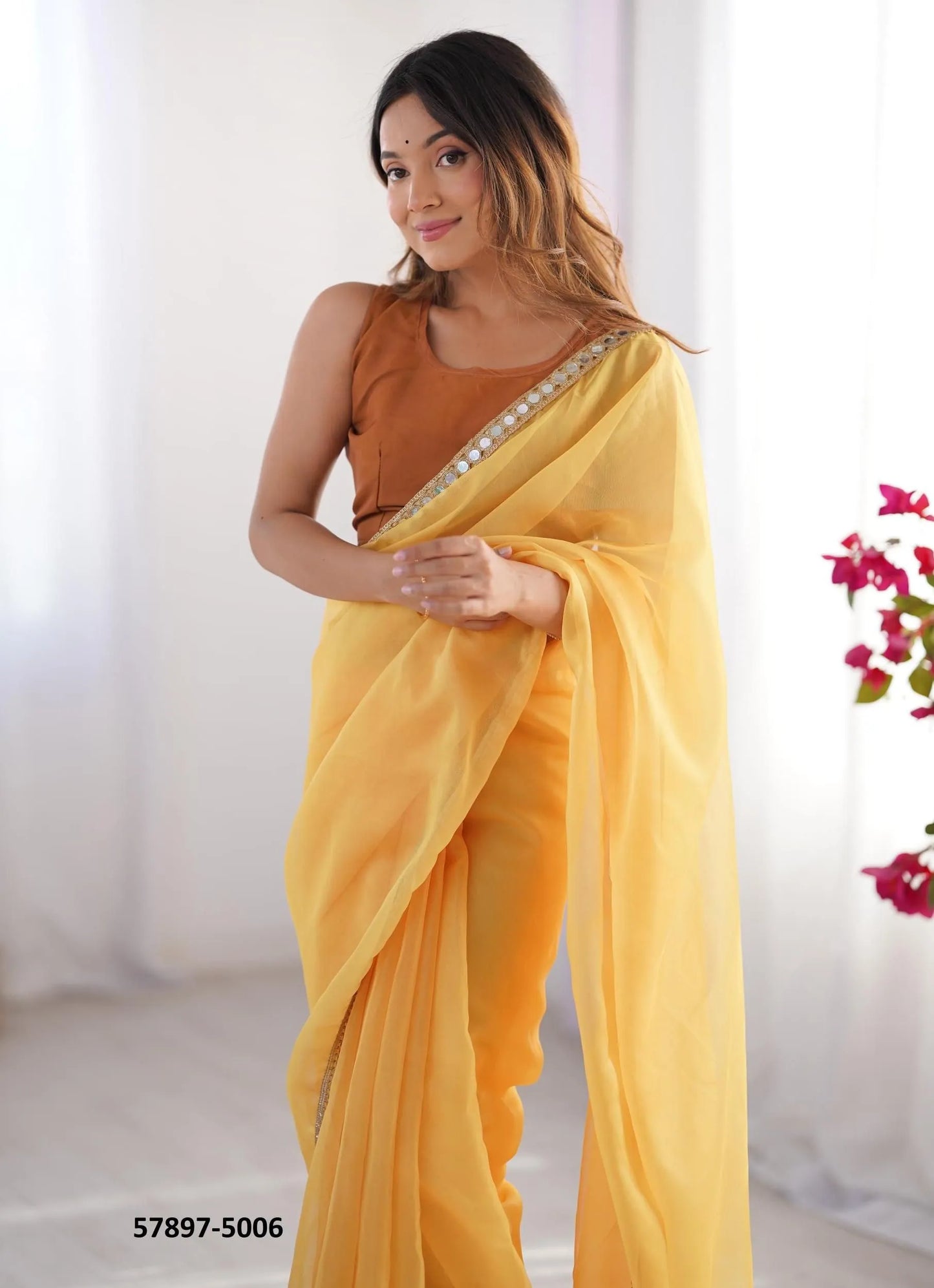 Marigold Organza Fashionable Saree For Kitty-Parties