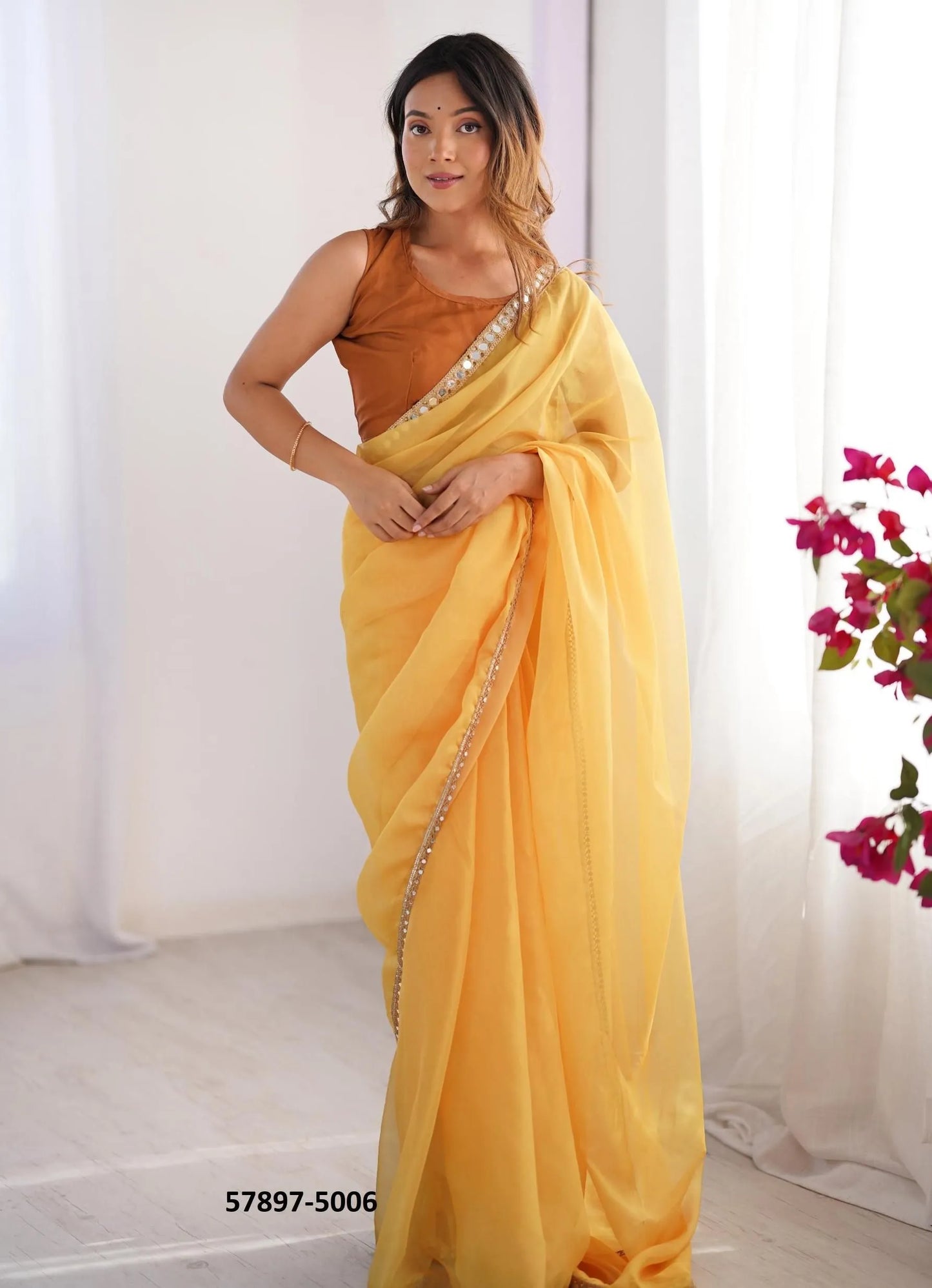 Marigold Organza Fashionable Saree For Kitty-Parties