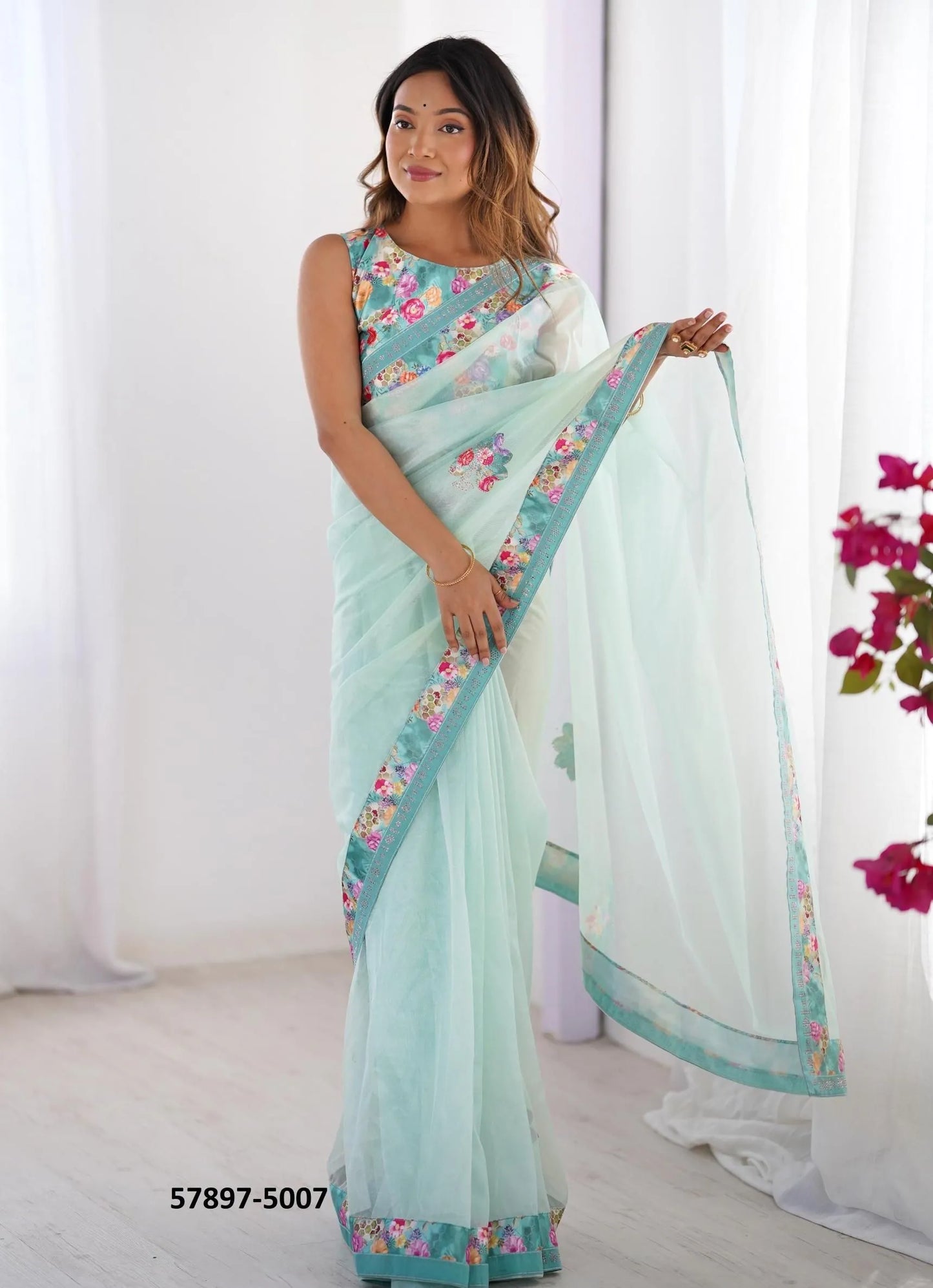 Light Blue Twill Net Fashionable Saree For Kitty-Parties