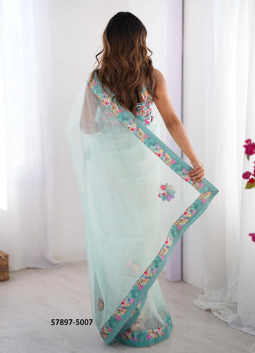 Light Blue Twill Net Fashionable Saree For Kitty-Parties