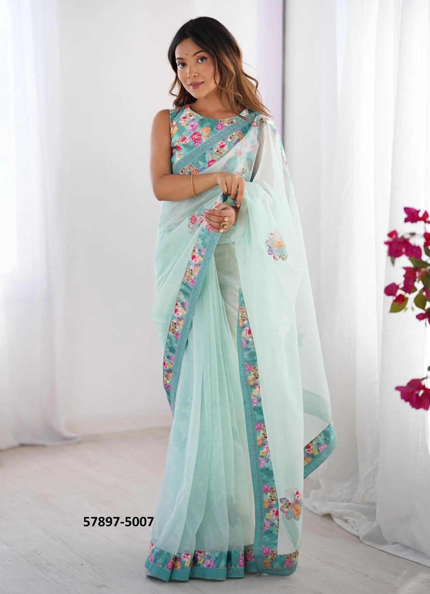 Light Blue Twill Net Fashionable Saree For Kitty-Parties