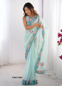 Light Blue Twill Net Fashionable Saree For Kitty-Parties