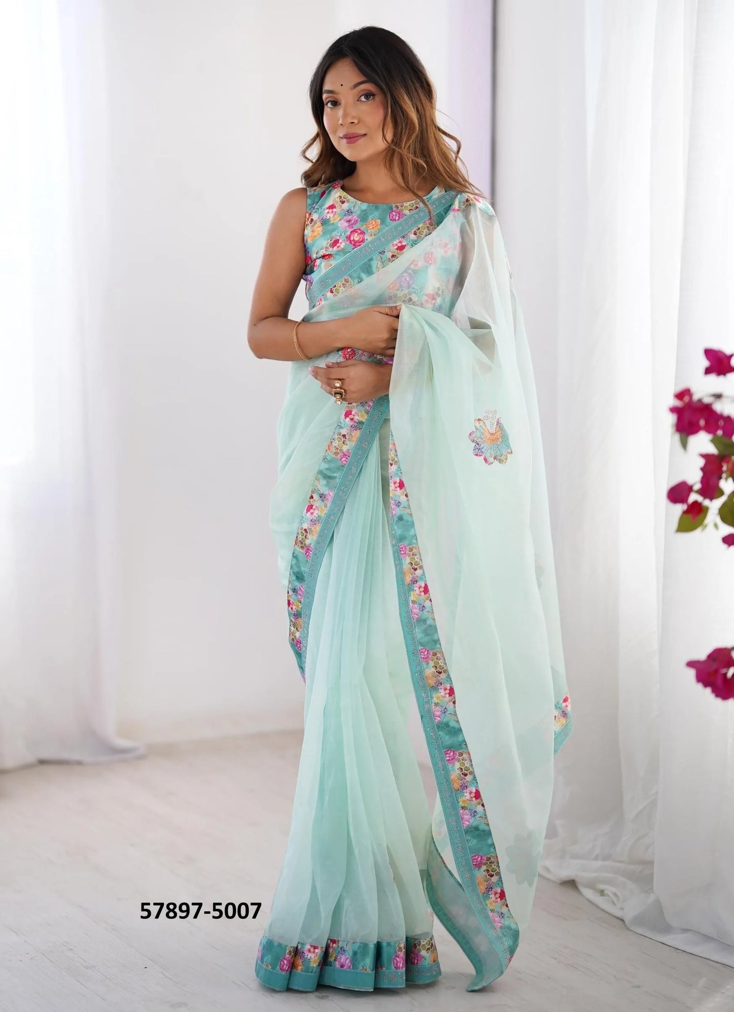 Light Blue Twill Net Fashionable Saree For Kitty-Parties
