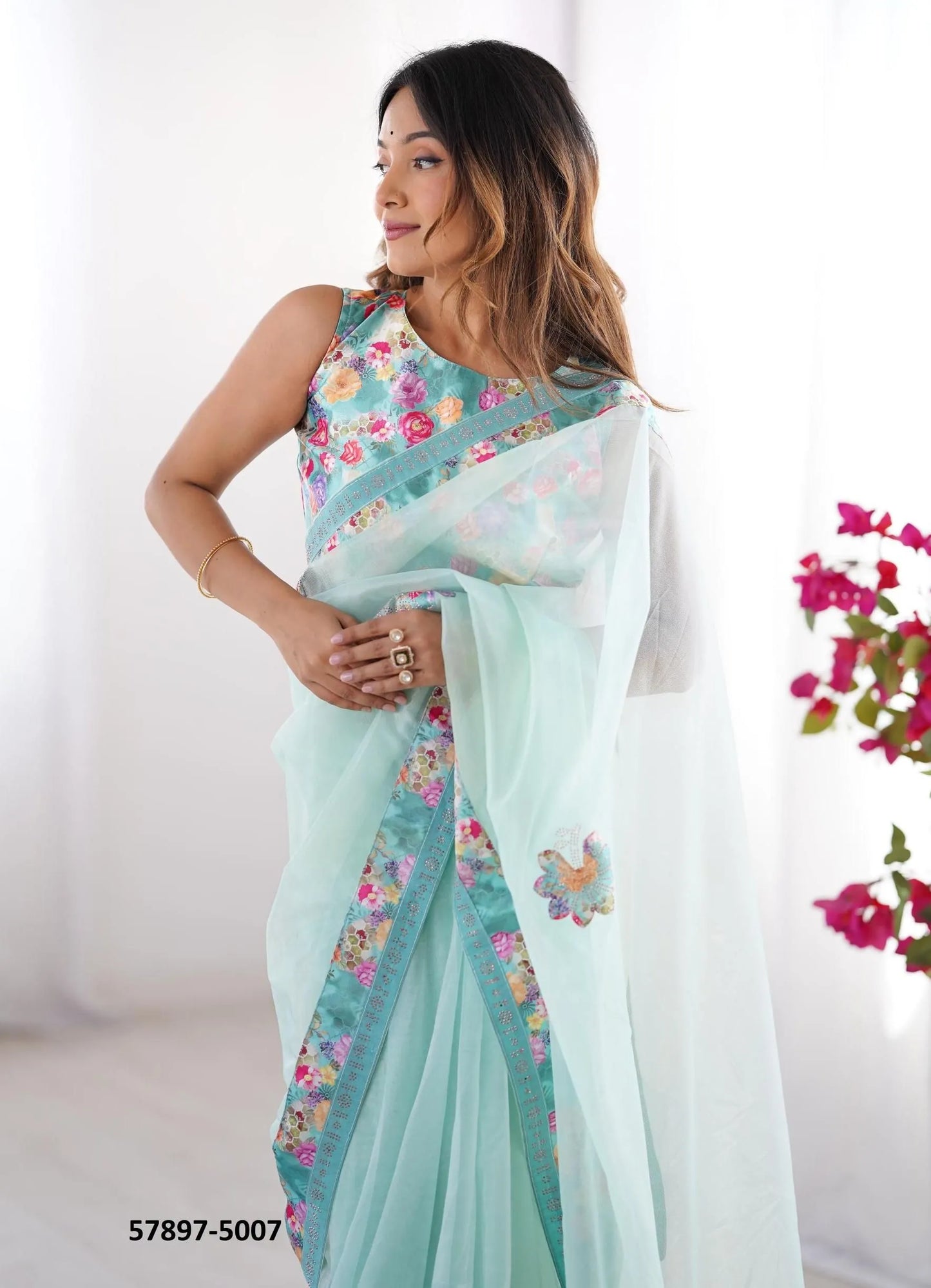 Light Blue Twill Net Fashionable Saree For Kitty-Parties