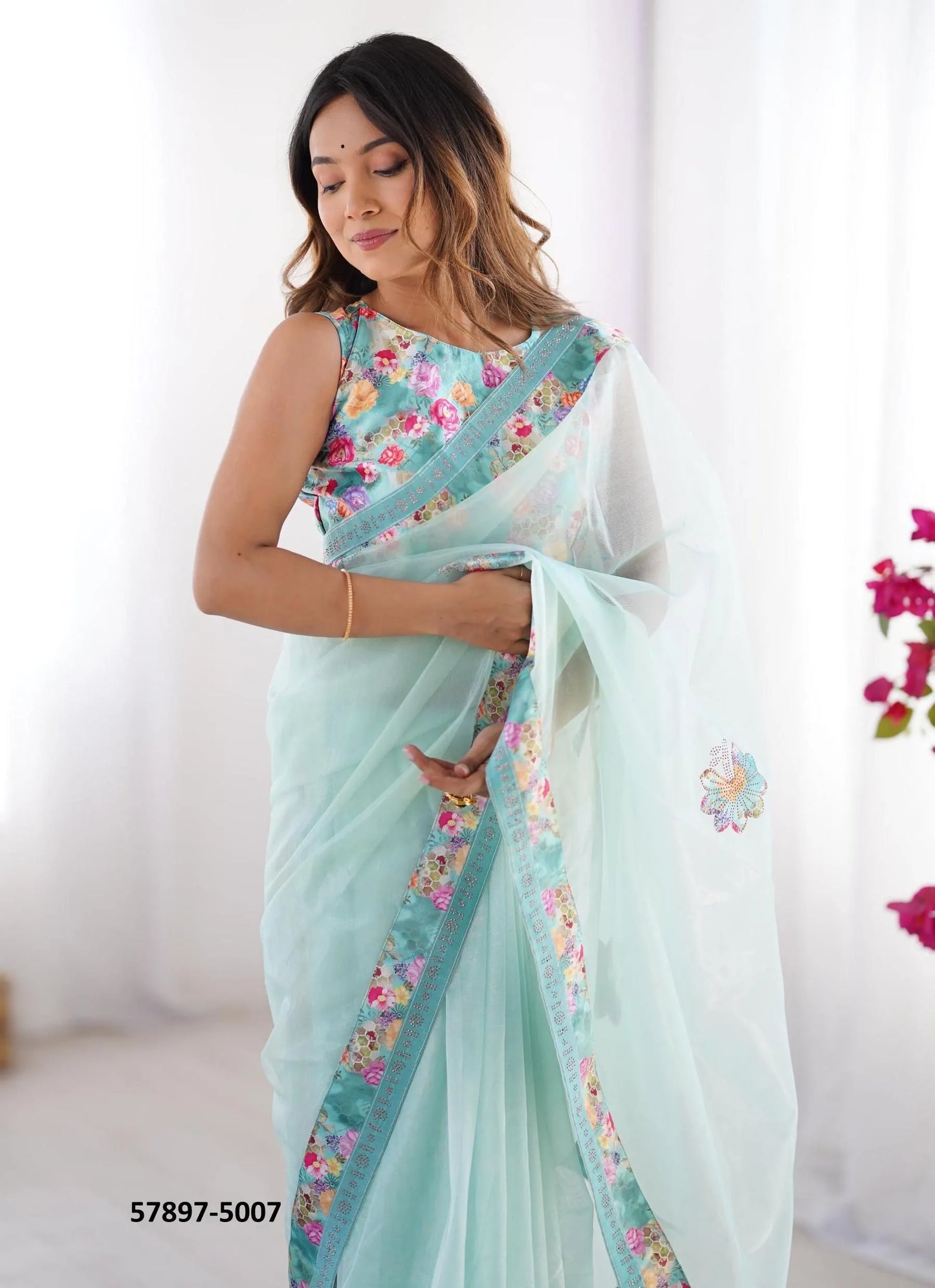 Light Blue Twill Net Fashionable Saree For Kitty-Parties
