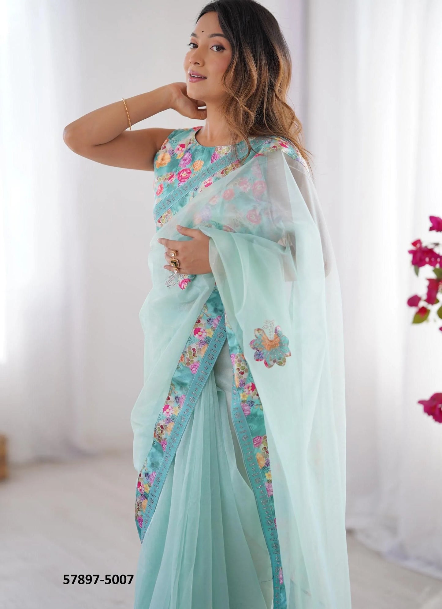 Light Blue Twill Net Fashionable Saree For Kitty-Parties