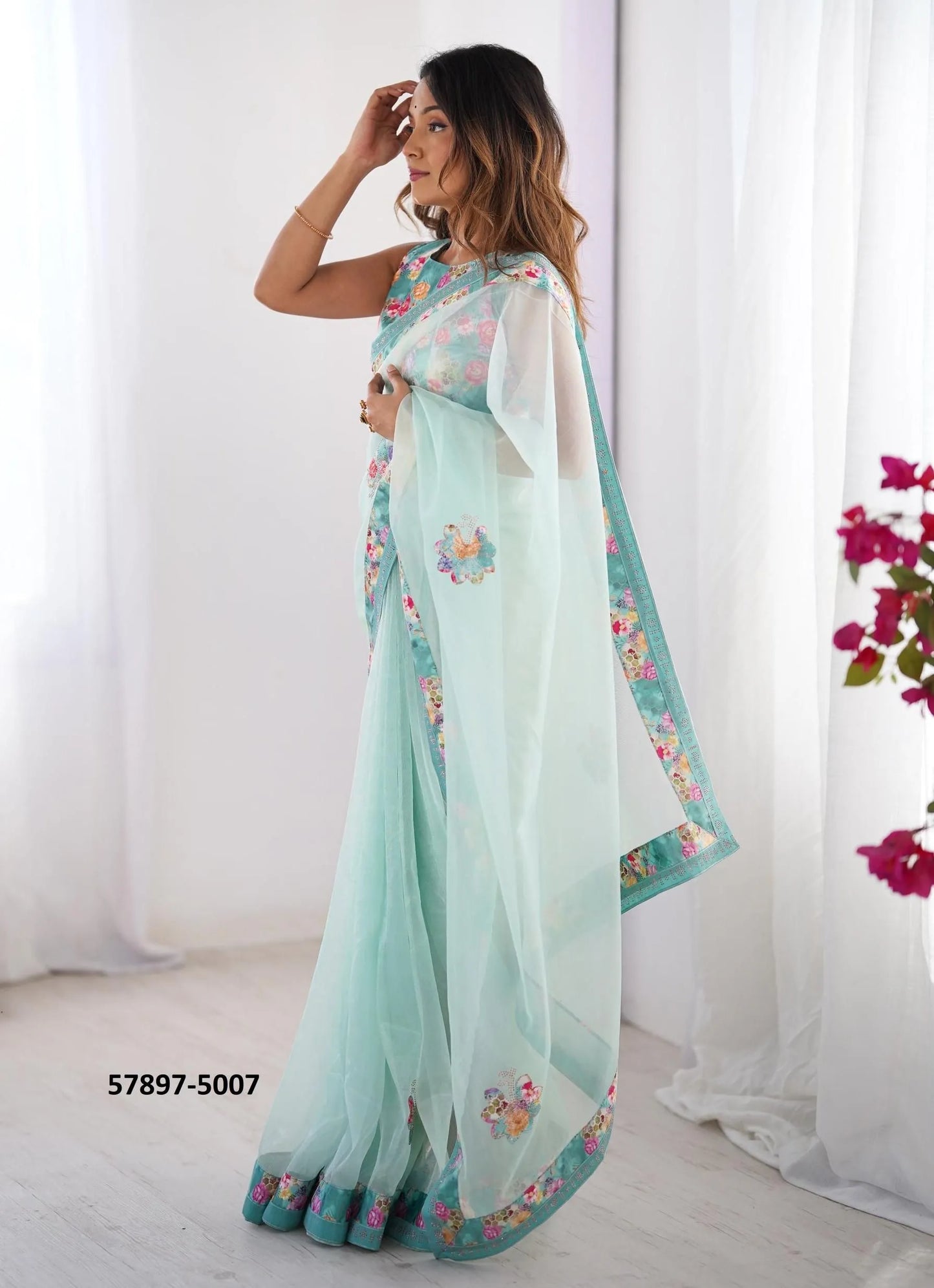 Light Blue Twill Net Fashionable Saree For Kitty-Parties