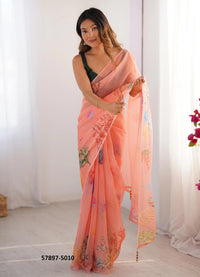 Salmon Organza Fashionable Saree For Kitty-Parties