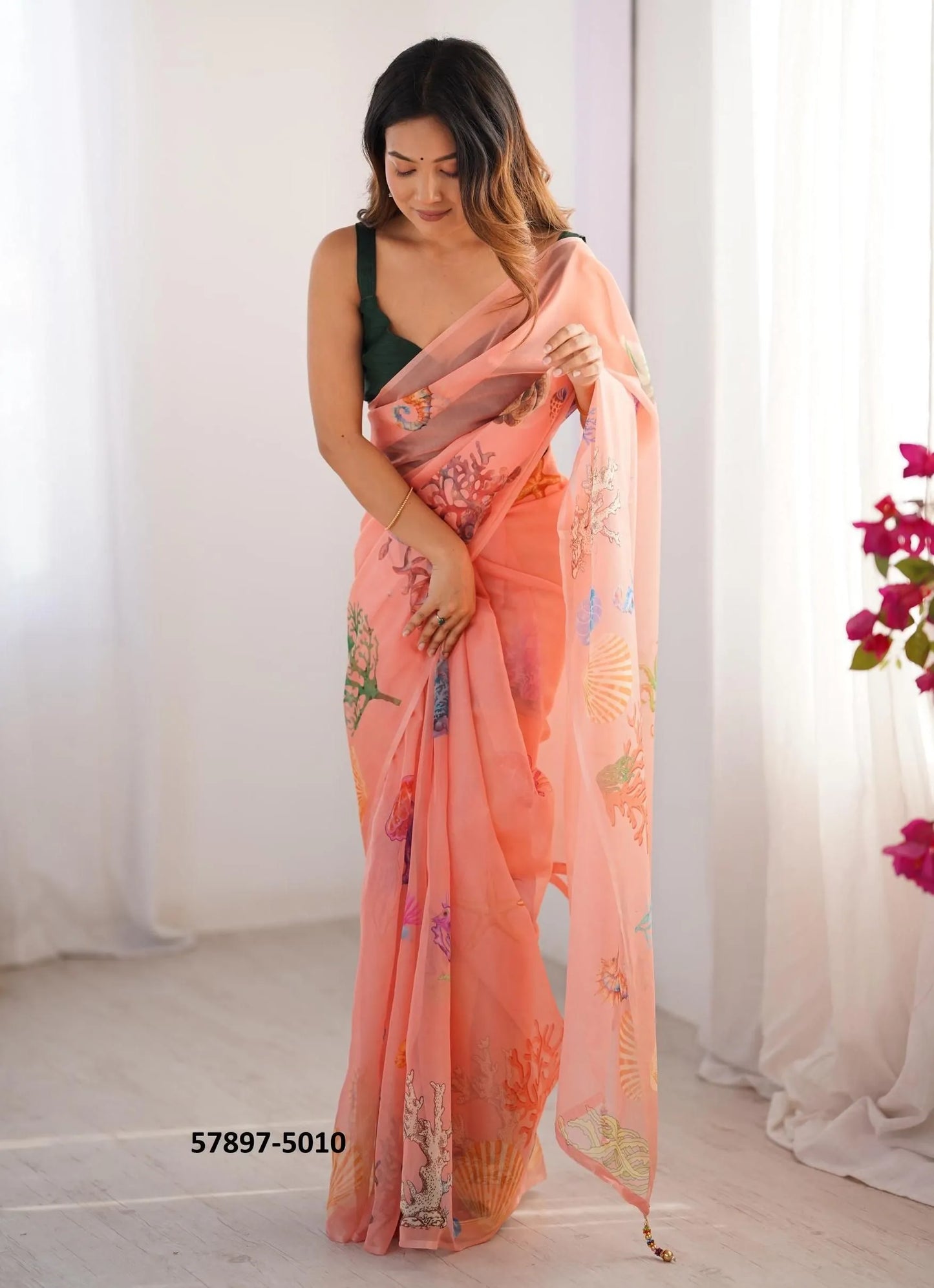 Salmon Organza Fashionable Saree For Kitty-Parties