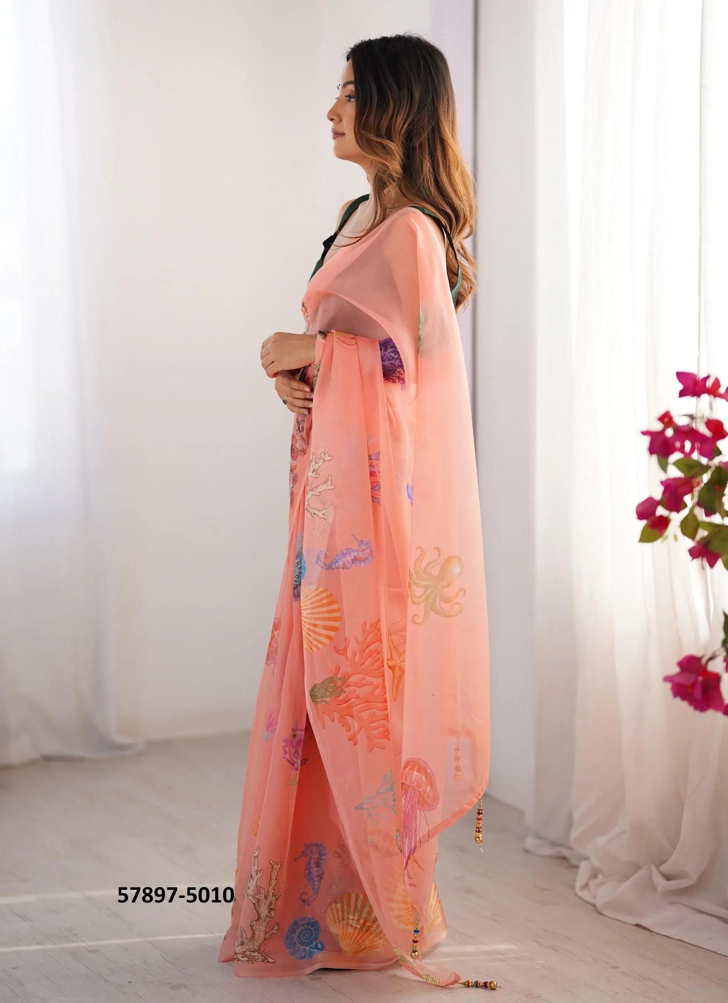 Salmon Organza Fashionable Saree For Kitty-Parties