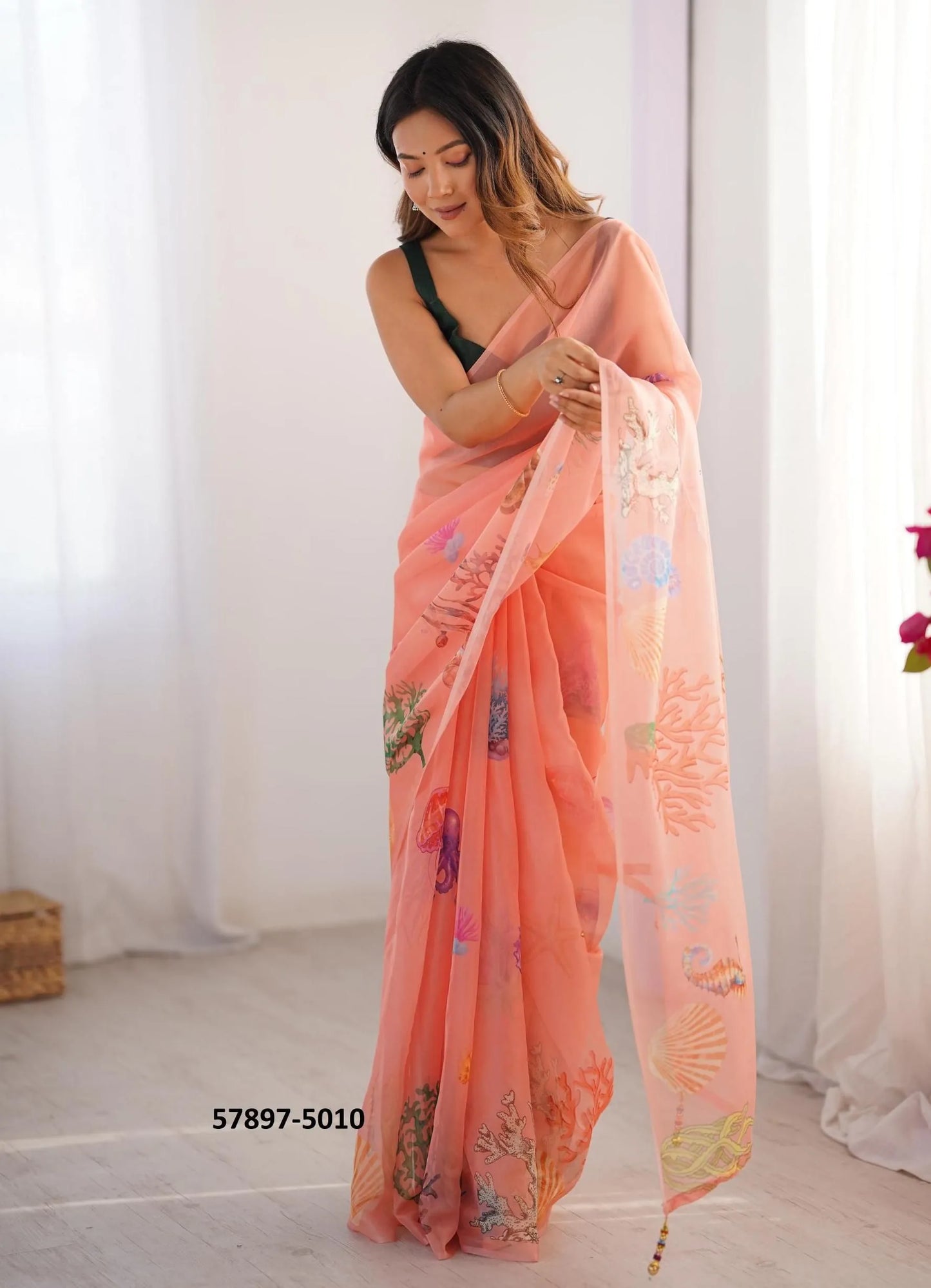 Salmon Organza Fashionable Saree For Kitty-Parties