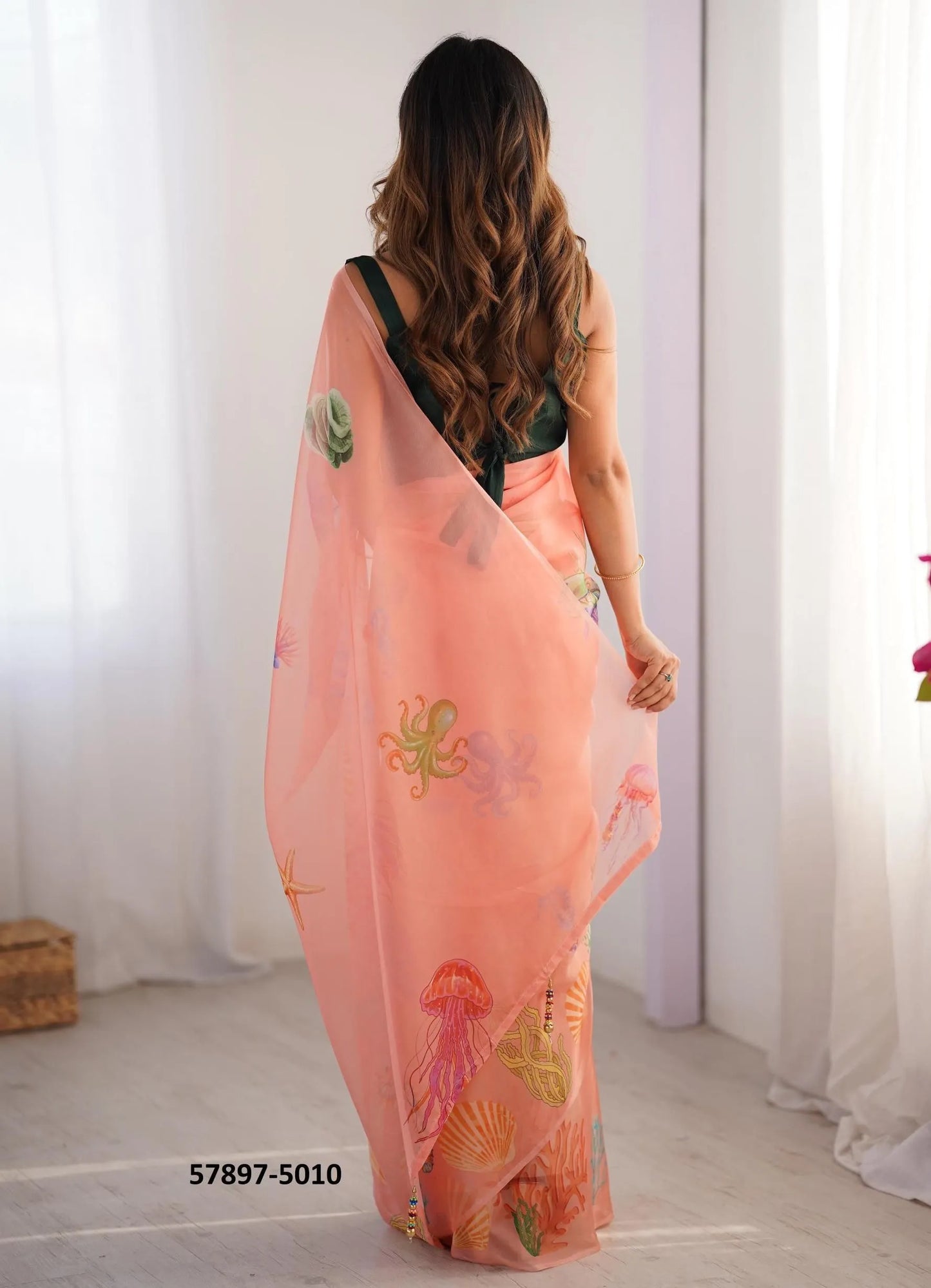 Salmon Organza Fashionable Saree For Kitty-Parties
