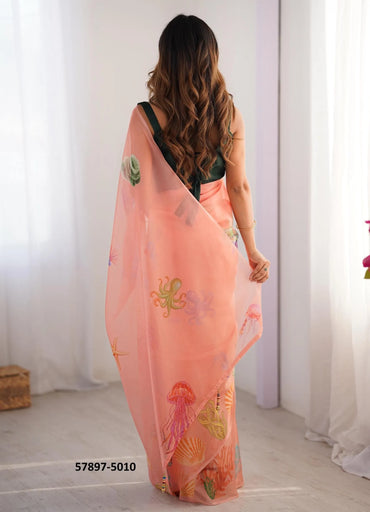 Salmon Organza Fashionable Saree For Kitty-Parties