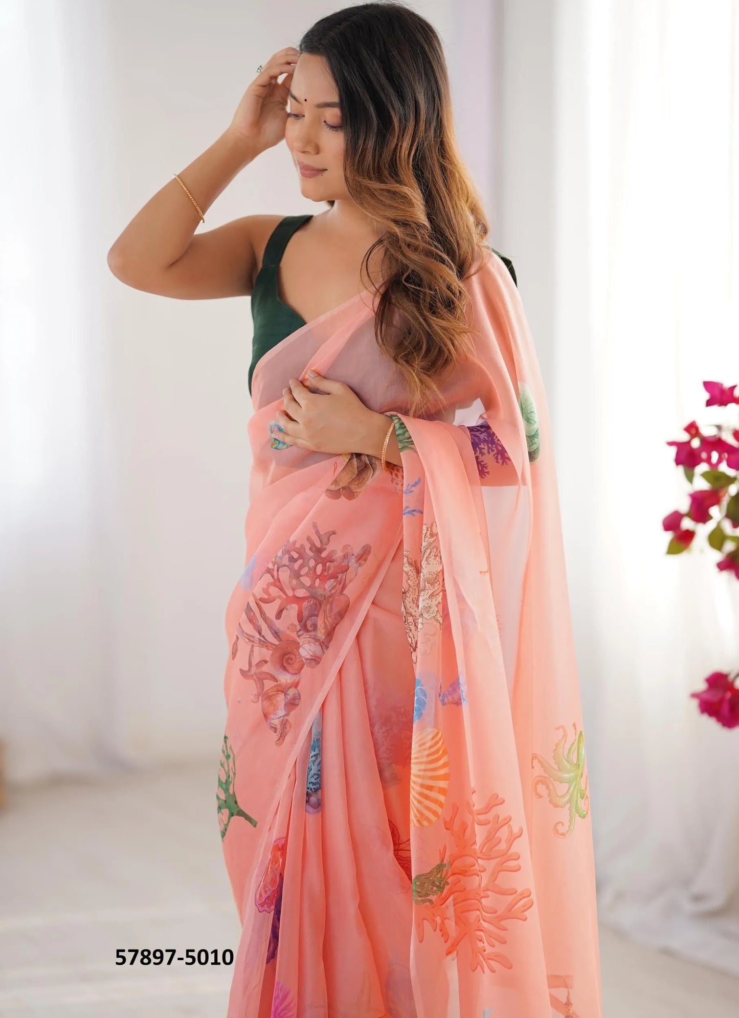Salmon Organza Fashionable Saree For Kitty-Parties