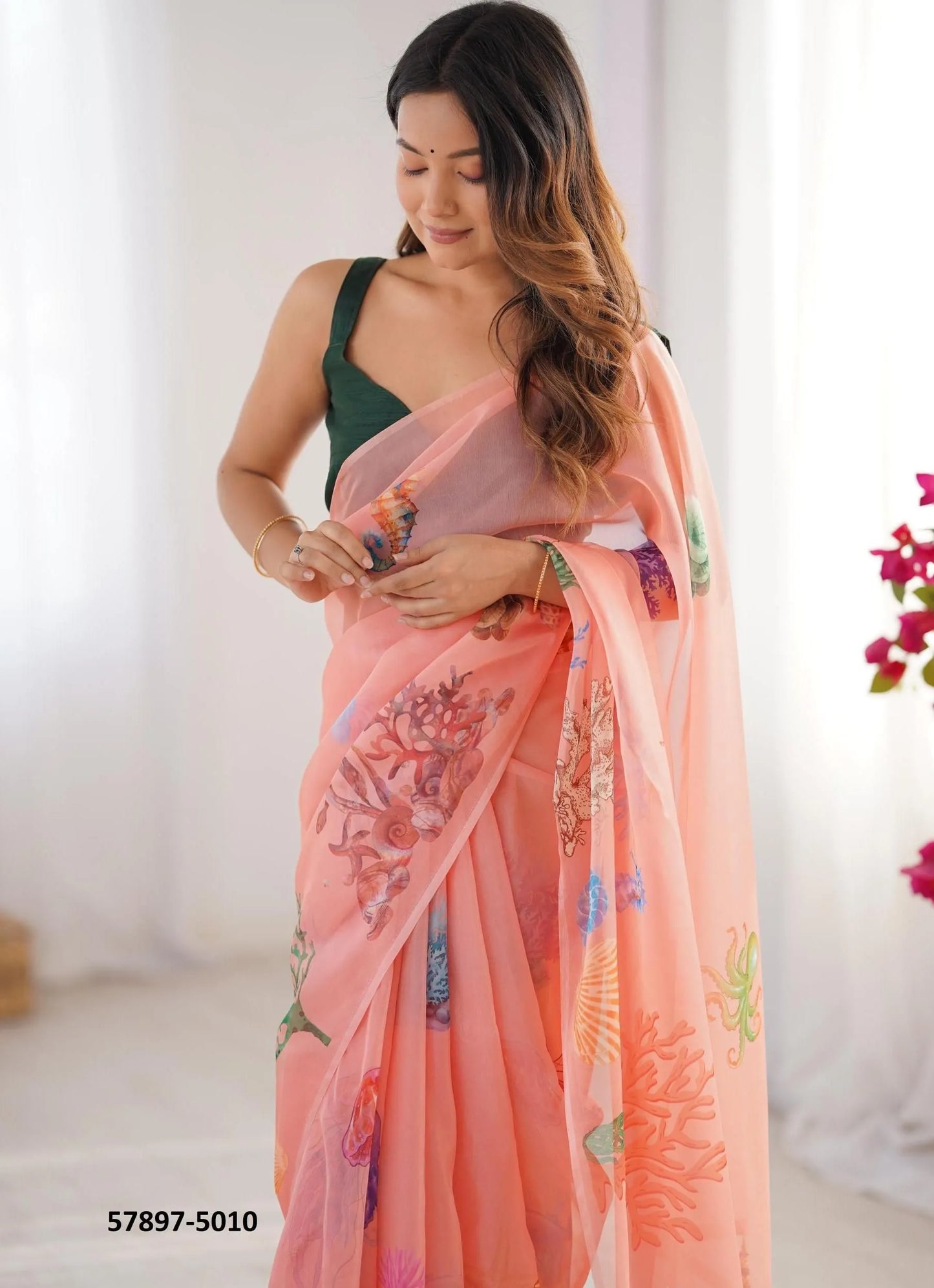 Salmon Organza Fashionable Saree For Kitty-Parties