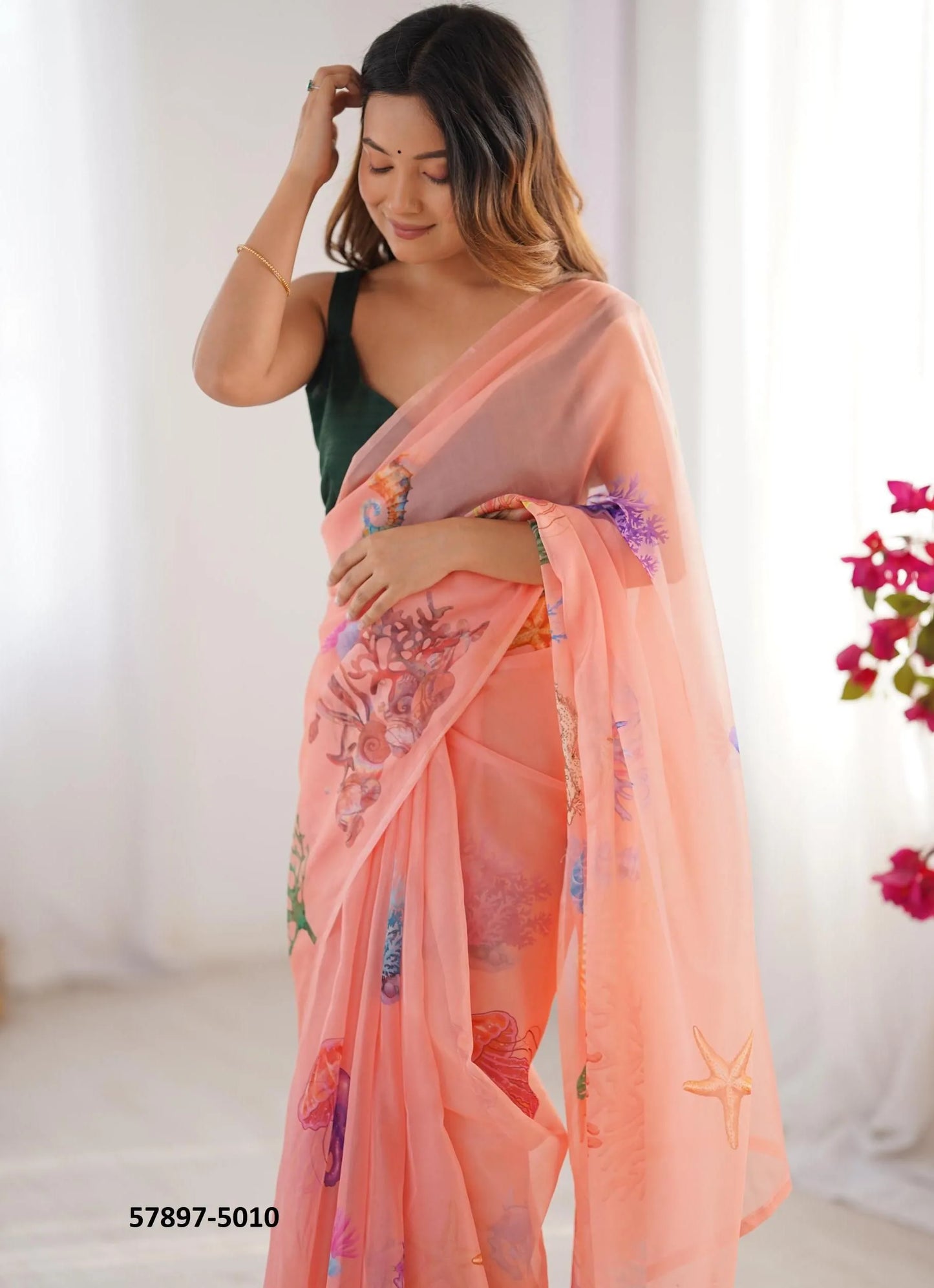 Salmon Organza Fashionable Saree For Kitty-Parties