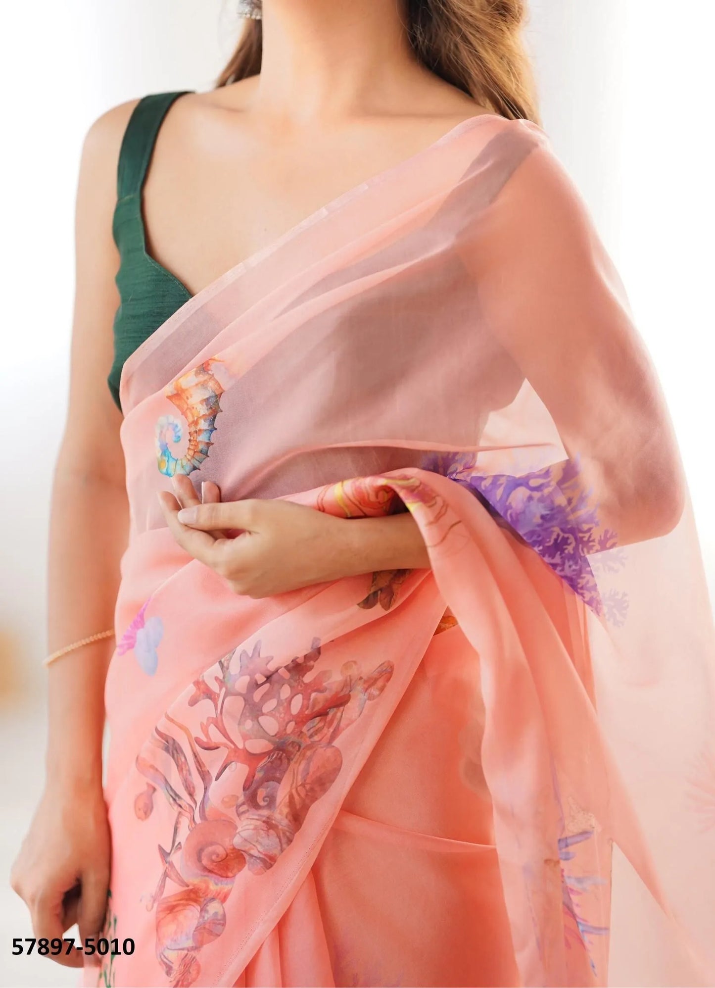 Salmon Organza Fashionable Saree For Kitty-Parties