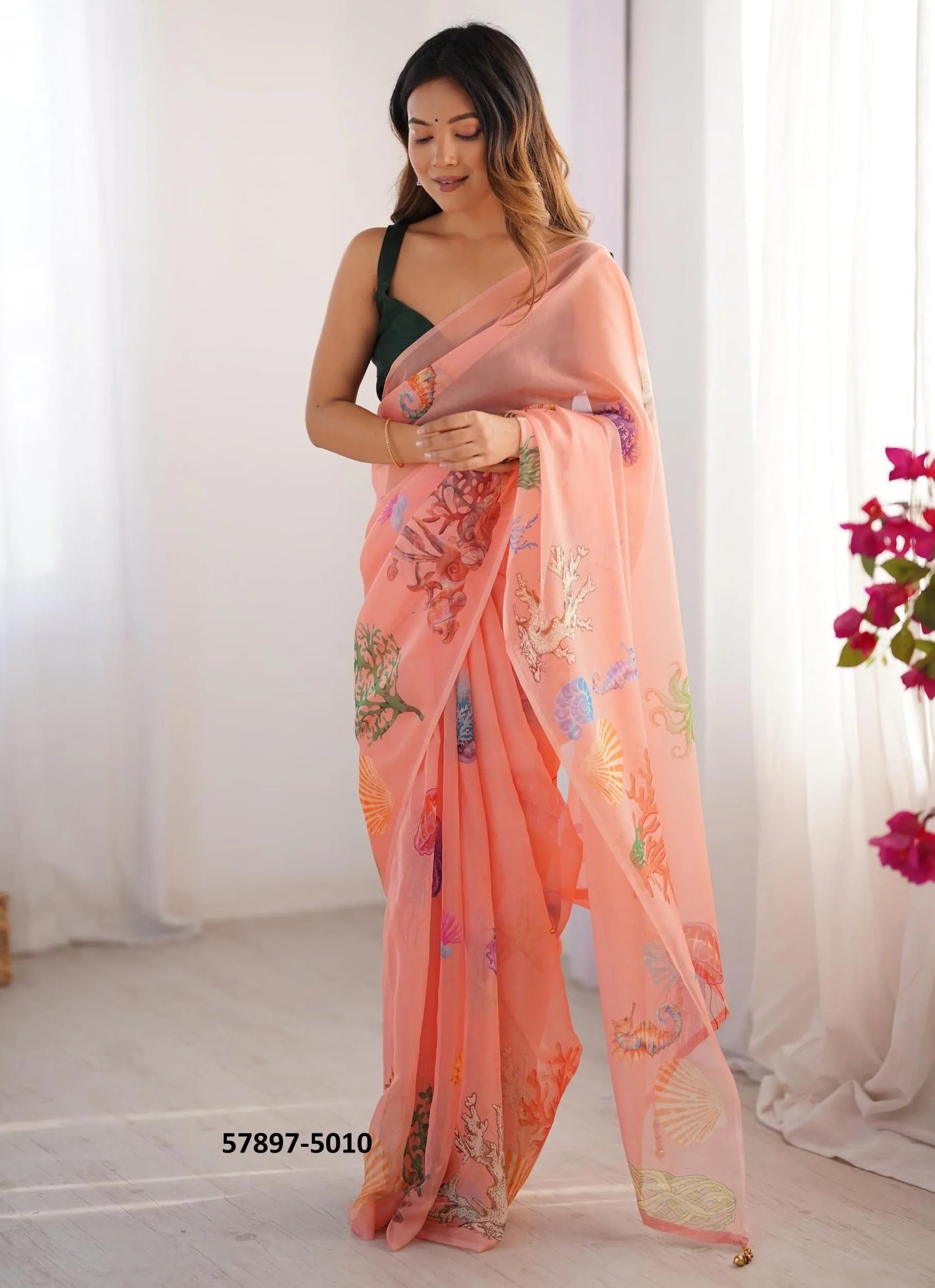 Salmon Organza Fashionable Saree For Kitty-Parties