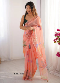 Salmon Organza Fashionable Saree For Kitty-Parties