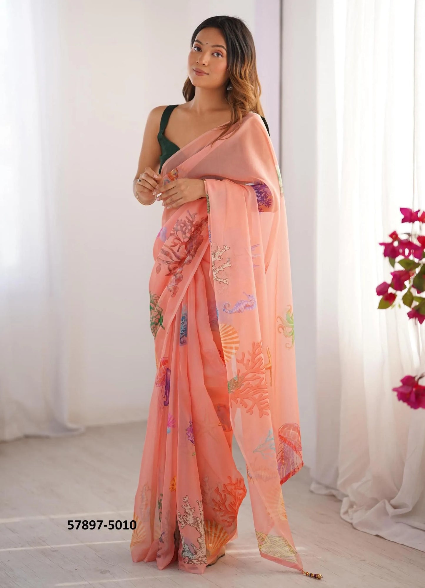 Salmon Organza Fashionable Saree For Kitty-Parties