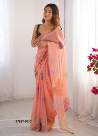 Salmon Organza Fashionable Saree For Kitty-Parties
