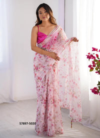 White Organza Fashionable Saree For Kitty-Parties