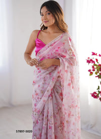 White Organza Fashionable Saree For Kitty-Parties