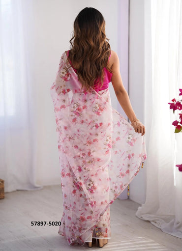 White Organza Fashionable Saree For Kitty-Parties
