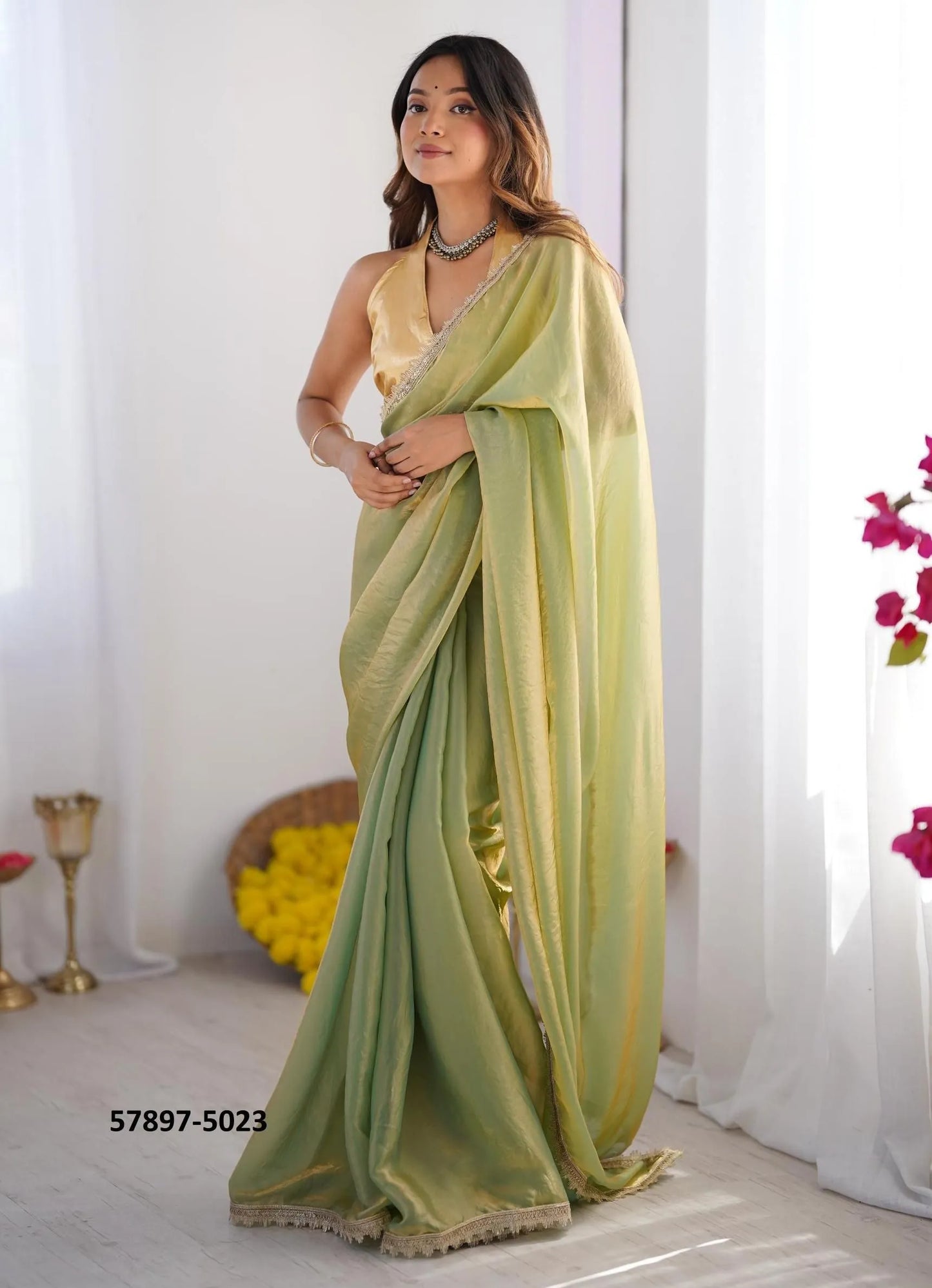 Light Green Satin Gold Organza Fashionable Saree For Kitty-Parties