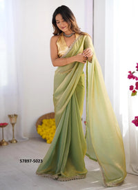 Light Green Satin Gold Organza Fashionable Saree For Kitty-Parties