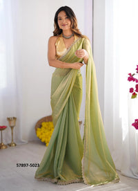 Light Green Satin Gold Organza Fashionable Saree For Kitty-Parties