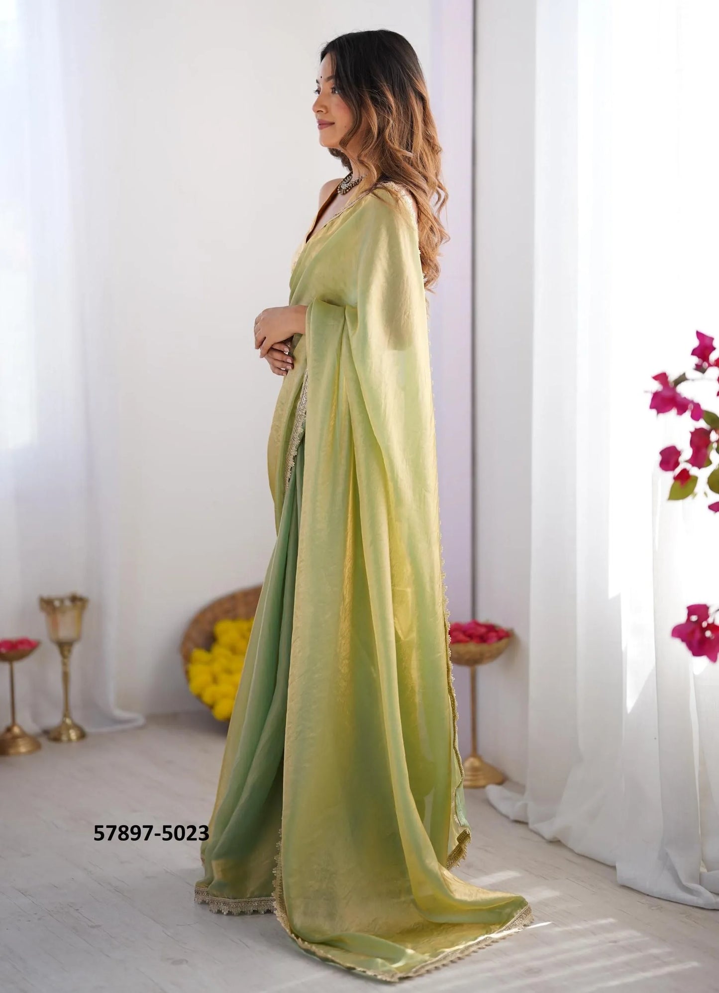 Light Green Satin Gold Organza Fashionable Saree For Kitty-Parties