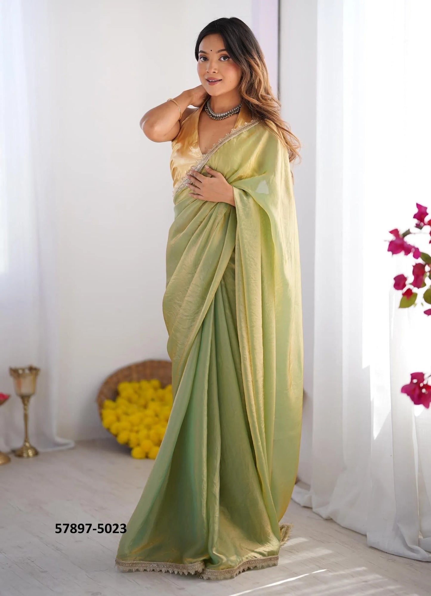 Light Green Satin Gold Organza Fashionable Saree For Kitty-Parties
