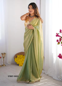 Light Green Satin Gold Organza Fashionable Saree For Kitty-Parties