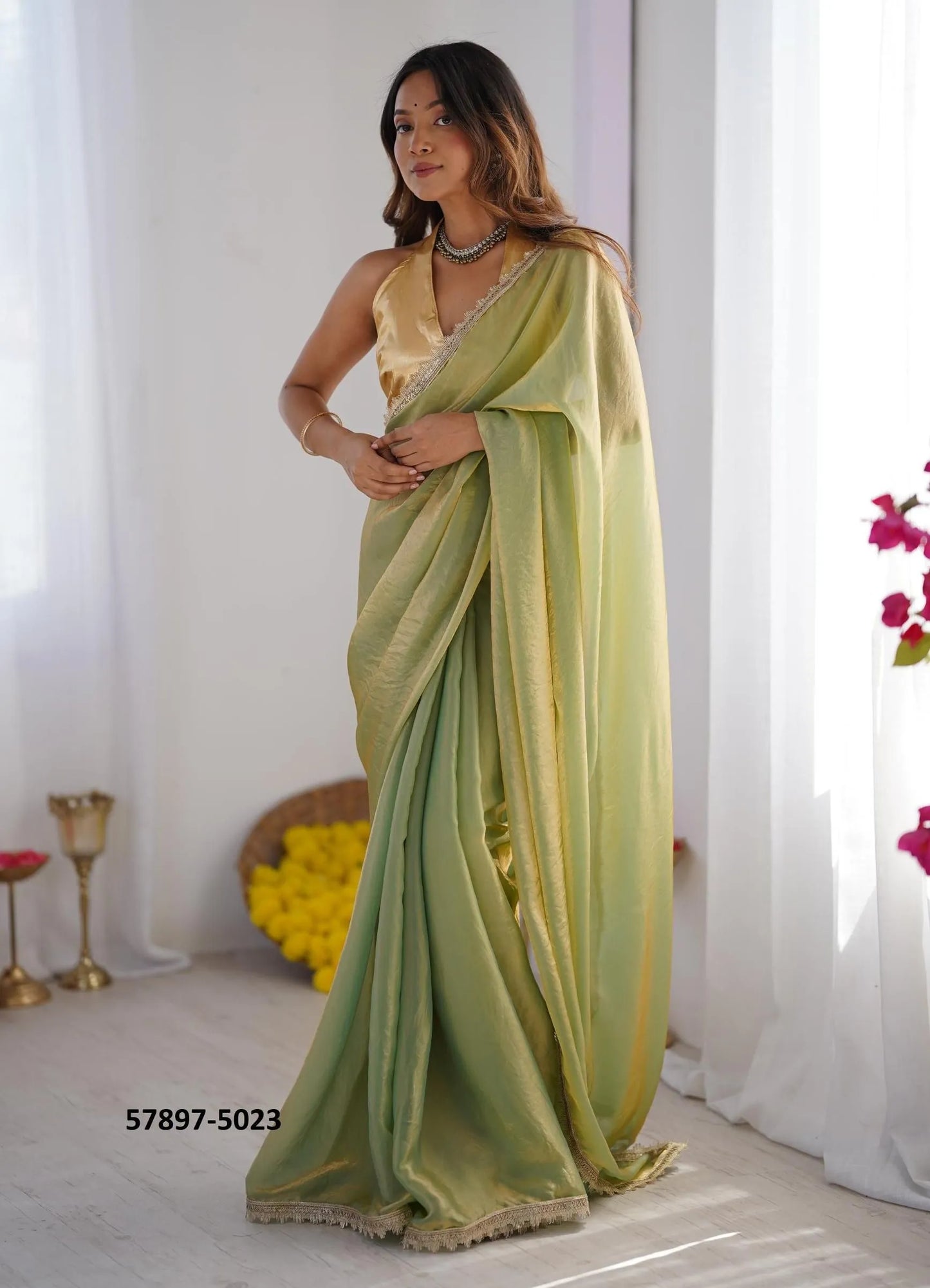 Light Green Satin Gold Organza Fashionable Saree For Kitty-Parties