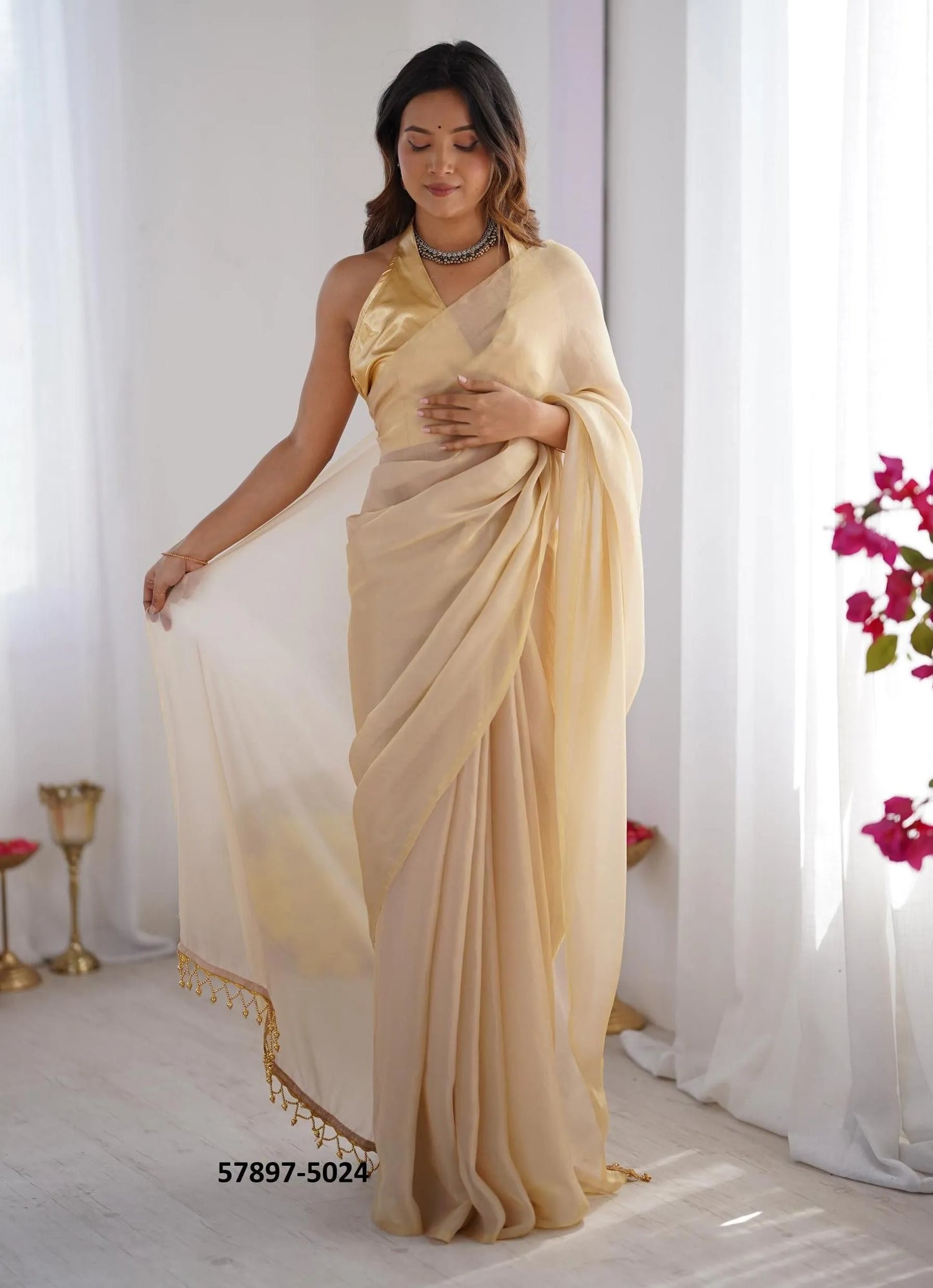 Burlywood Satin Gold Organza Fashionable Saree For Kitty-Parties