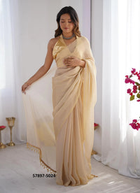Burlywood Satin Gold Organza Fashionable Saree For Kitty-Parties