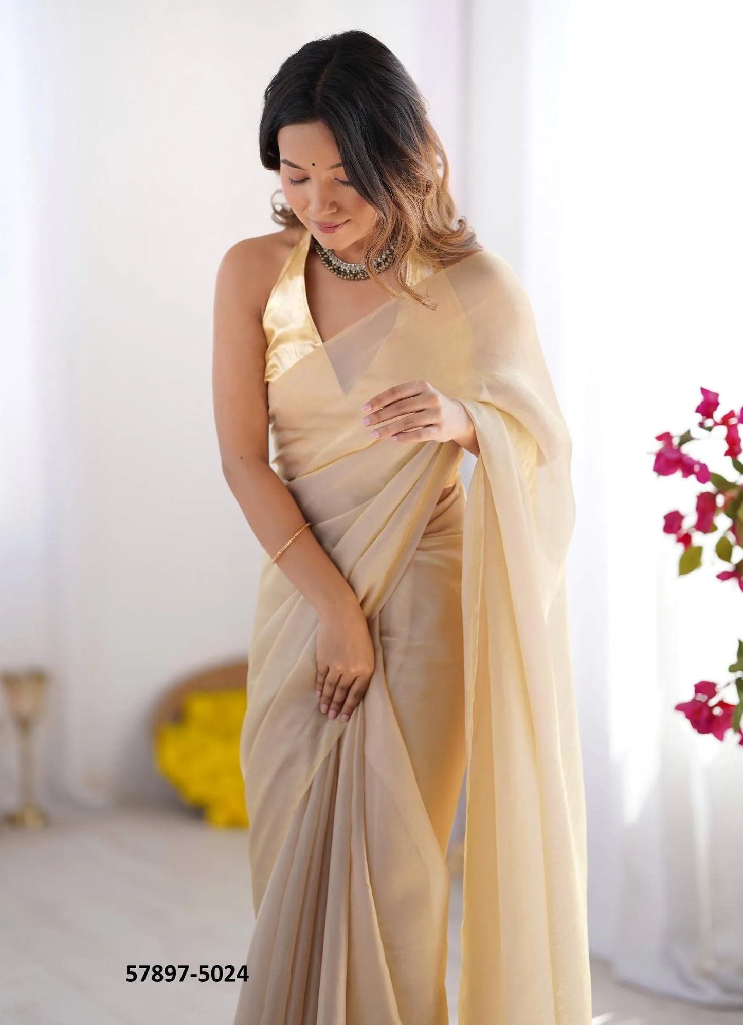 Burlywood Satin Gold Organza Fashionable Saree For Kitty-Parties