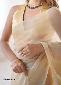 Burlywood Satin Gold Organza Fashionable Saree For Kitty-Parties