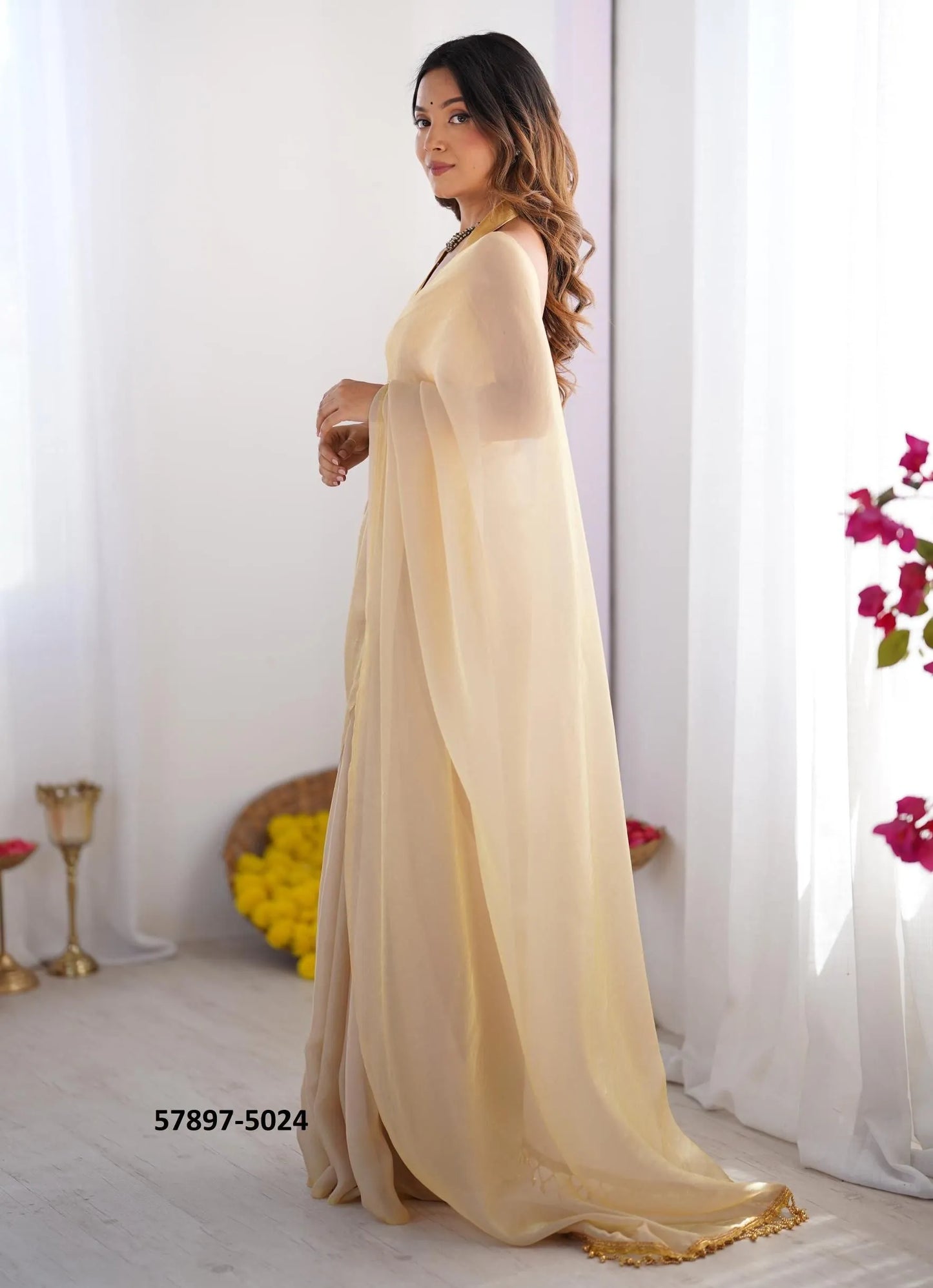 Burlywood Satin Gold Organza Fashionable Saree For Kitty-Parties