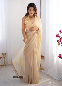 Burlywood Satin Gold Organza Fashionable Saree For Kitty-Parties