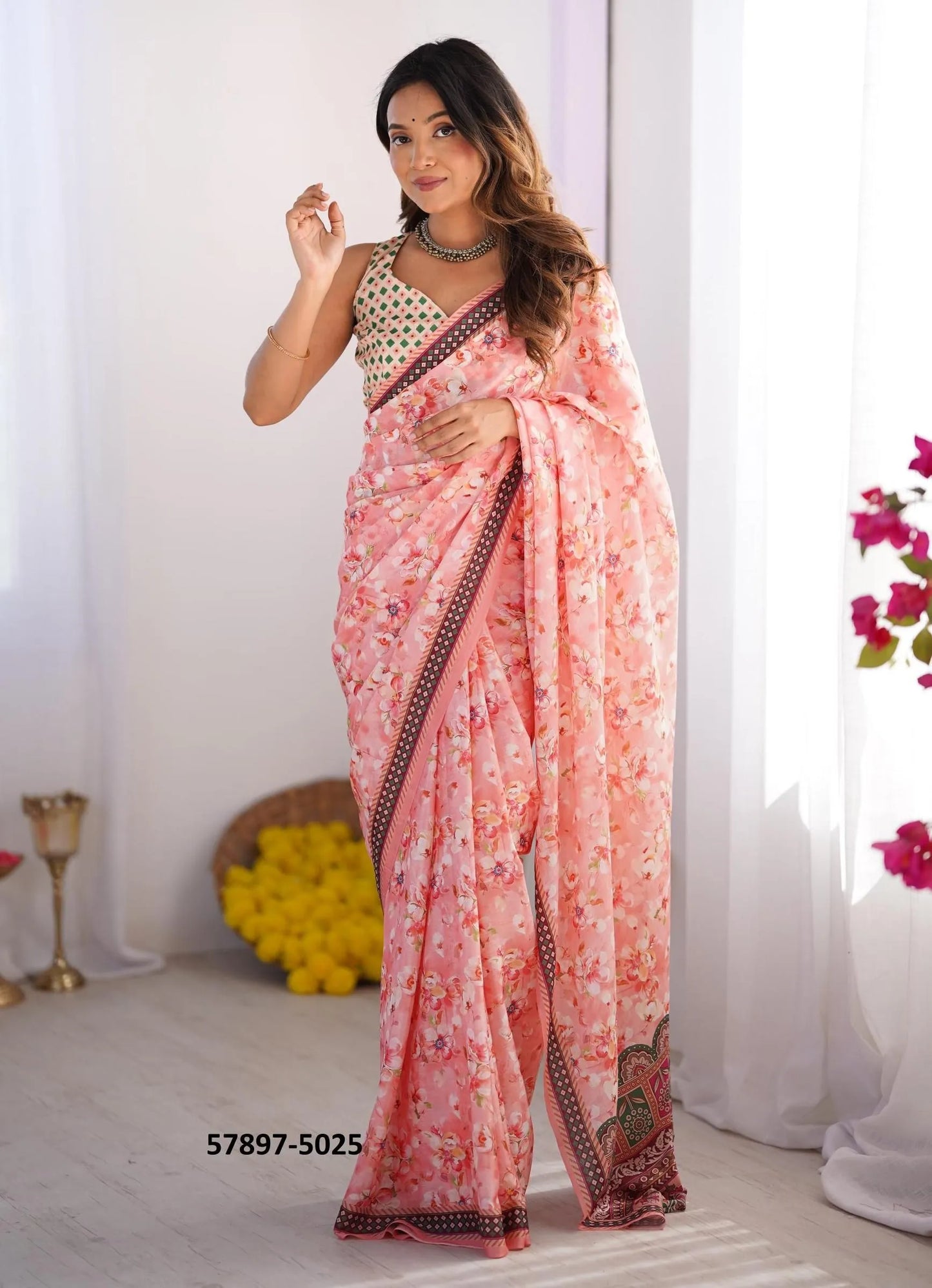 Pink Chinon Fashionable Saree For Kitty-Parties