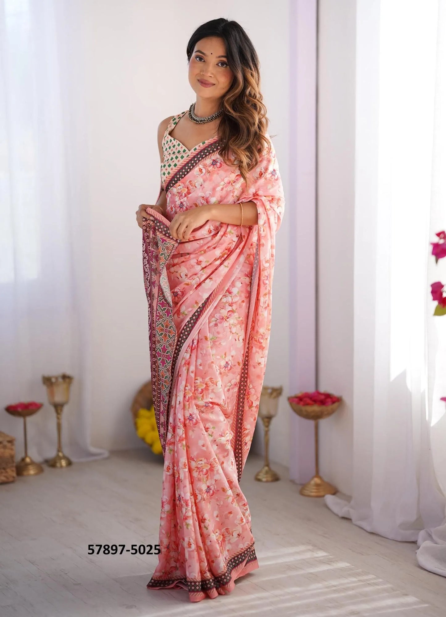 Pink Chinon Fashionable Saree For Kitty-Parties